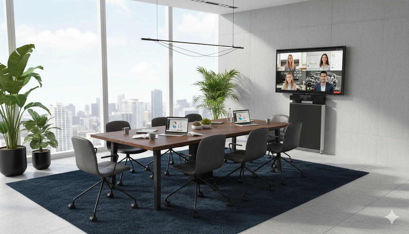 Videomöte i konferensrum Miami med PolyStudio och Pendax FlexPanel  med svart tyg