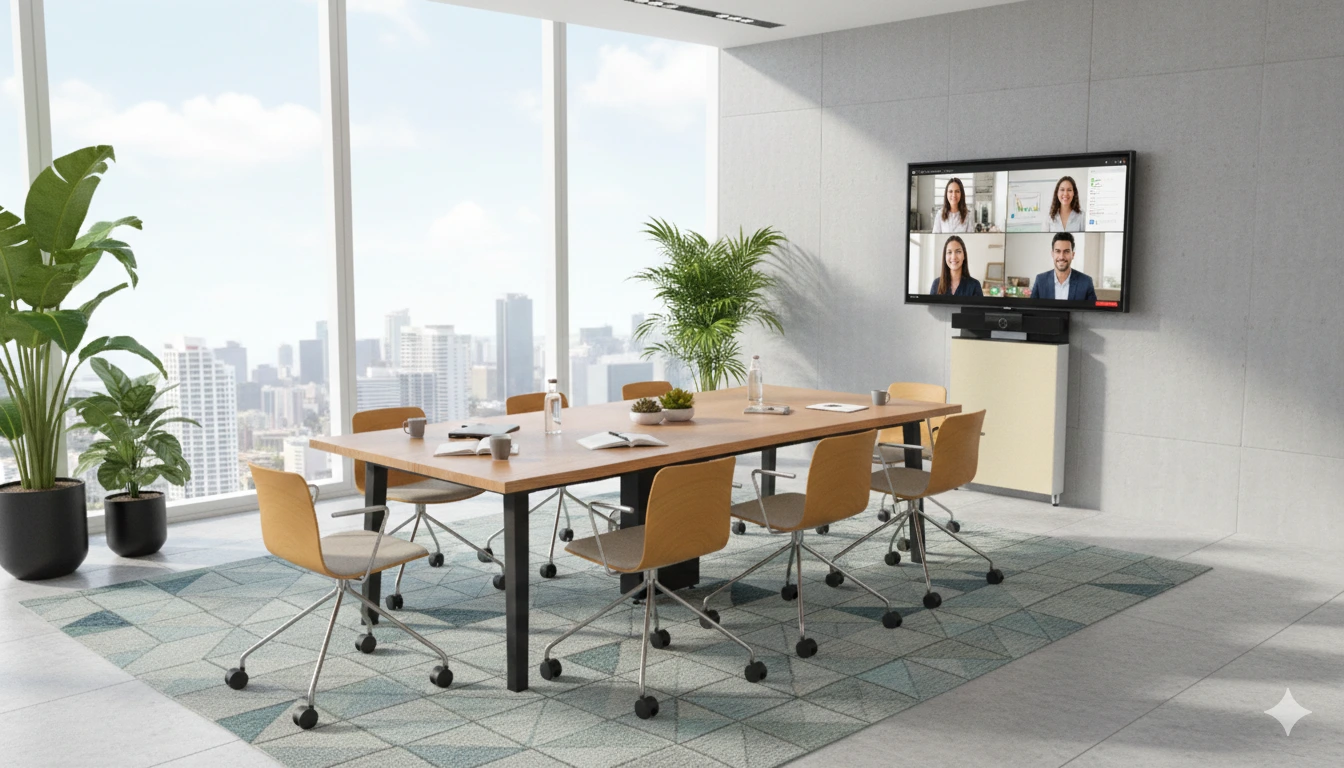 Videomöte i konferensrum Miami med PolyStudio och Pendax FlexPanel  med ljust tyg